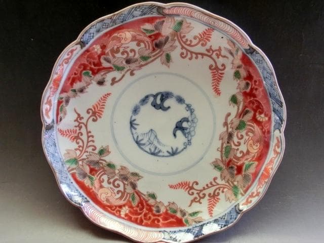 皿■赤絵松竹梅花弁型花唐草紋中皿 花鳥紋(江戸期)古美術 時代物 古い骨董品■