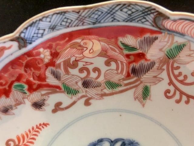 皿■赤絵松竹梅花弁型花唐草紋中皿 花鳥紋(江戸期)古美術 時代物 古い骨董品■