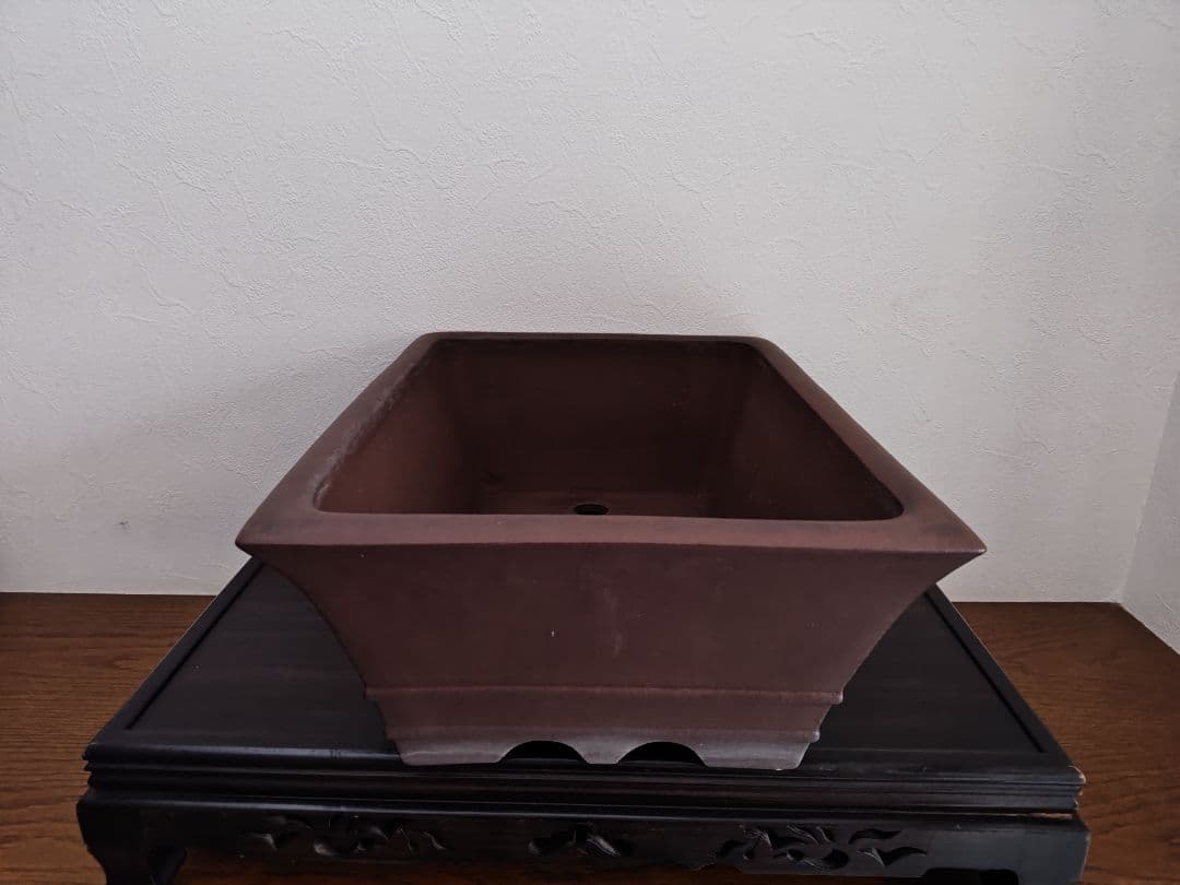 茶色の陶器製長方形盆栽鉢 太山　落款あり　希少　大型