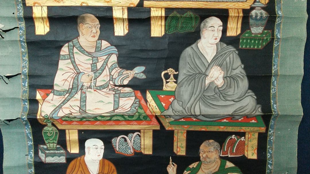 真言宗 八代祖師図 紙本掛軸 軸先なし 木版に彩色？ 仏画 傷みあり