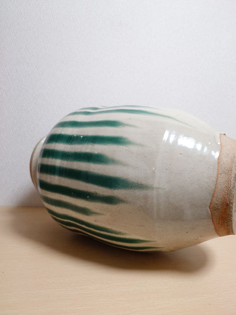 信楽焼？茶壺 大壺 すだれ壺 ストライプ柄 明治 アンティーク 骨董 中古品
