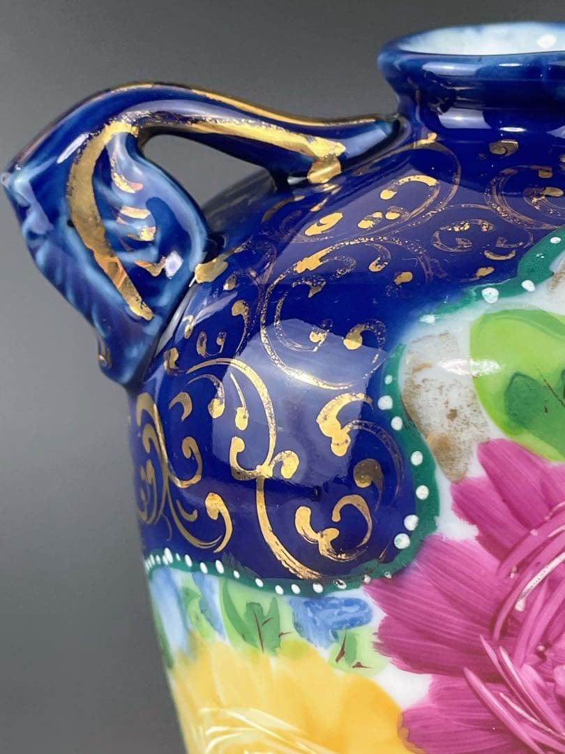 【希少】オールドニッポン 約２２．５cm アールヌーボー薔薇紋金盛りコバルト花瓶