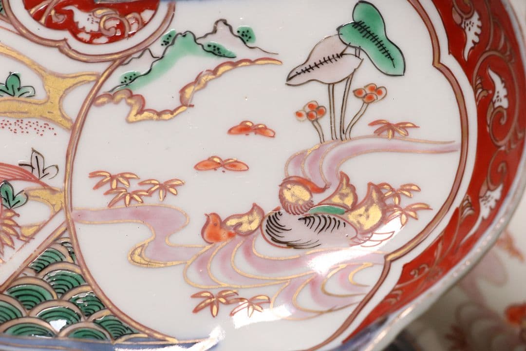 古伊万里 鳥の図 色絵 刺身皿 変形皿 五客 錦手 鴛鴦 鶴 瓢箪 CL96