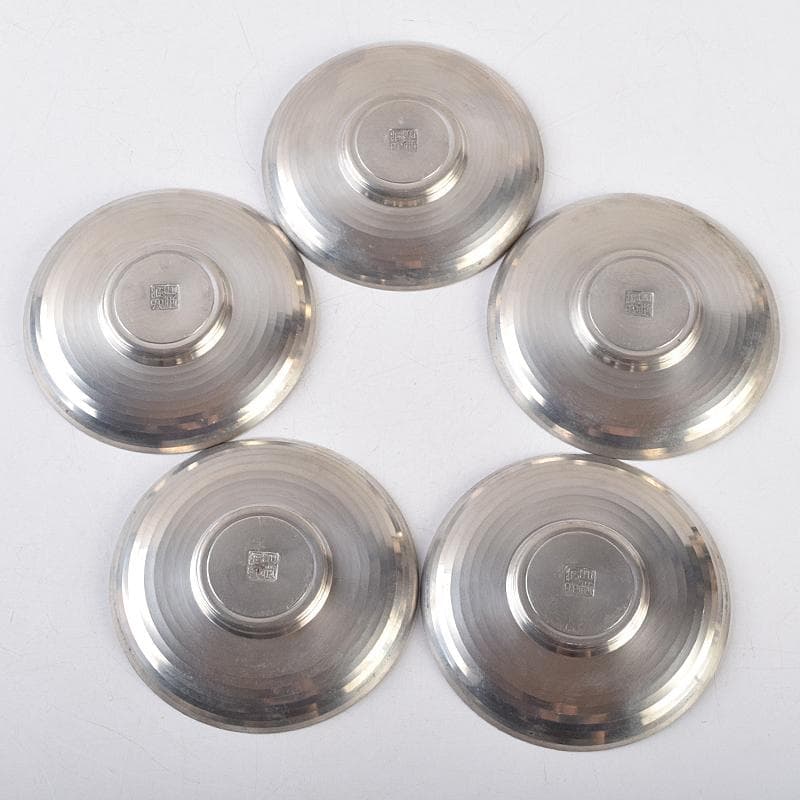 平安　邃古居　秦蔵六造　純錫　倣張萬順之作意　圓式茶托　五客　共箱　GR9455