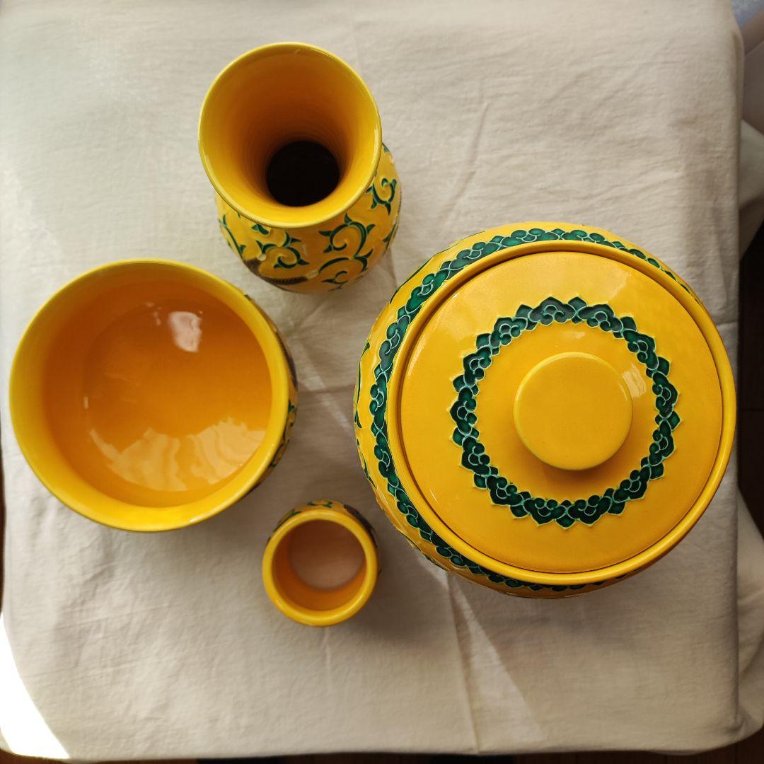 茶道具◆黄交趾松唐草文皆具◆赤澤露石造