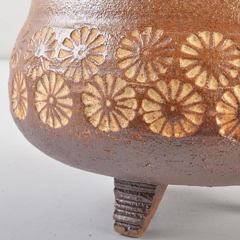 肥前　くろかみ窯　小野竹春作　花文　香炉　共箱　C　R7327