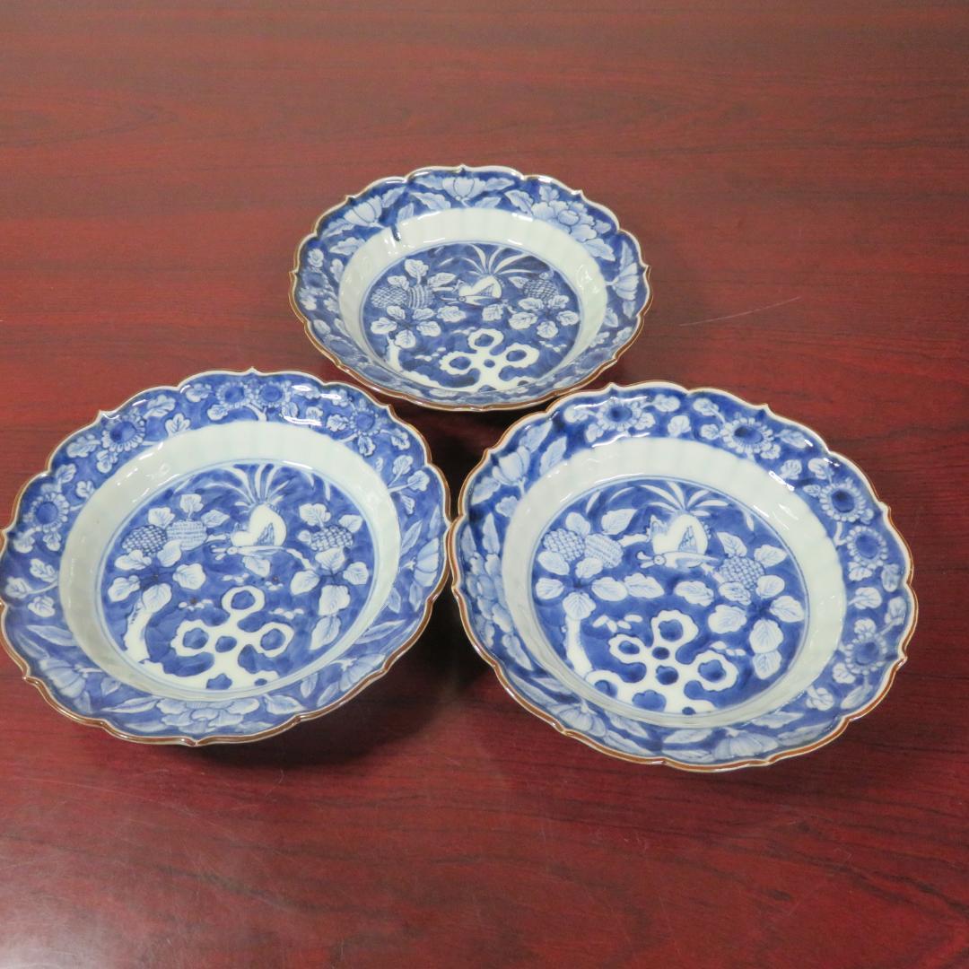 染付皿 中皿 3枚 鳥文 花文 岩文 花弁縁 明治 大正 五寸皿 美品