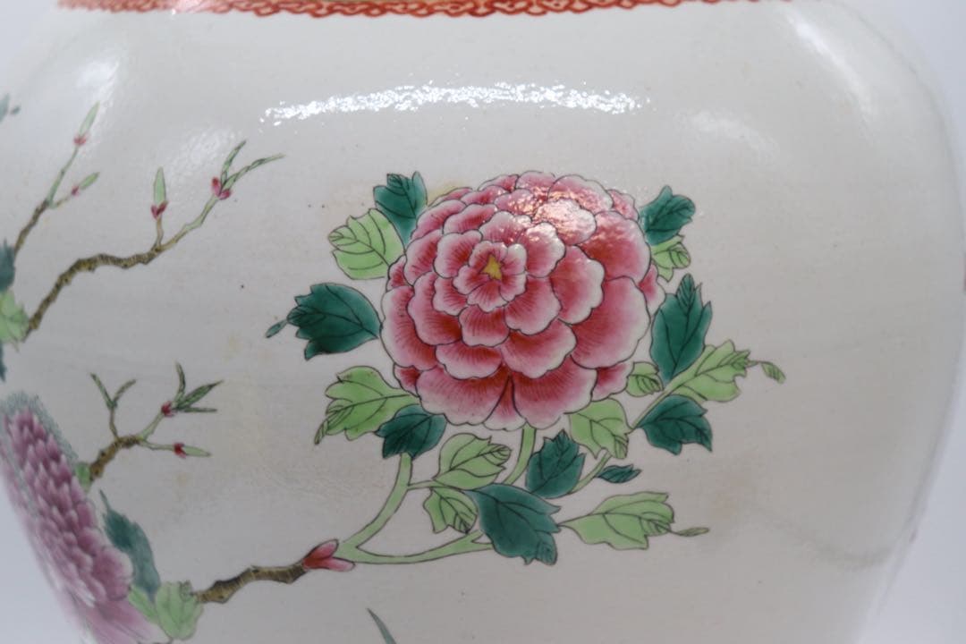 中国　粉彩雉鳥牡丹紋大瓶　高さ35cm 送料込み251107