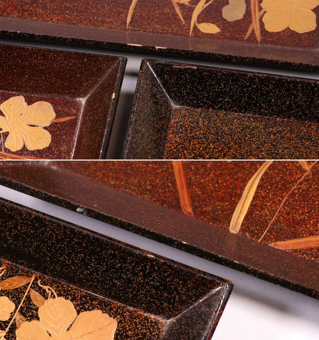 【MB45】時代 梨地吸物膳 十客 月と草花蒔絵 秋草 四方膳 卓上 折敷 木製