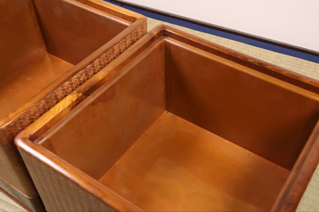 平安 象彦造 桑 網代 角形 火鉢 一対 幅32cm 古民具 木製【MB105】