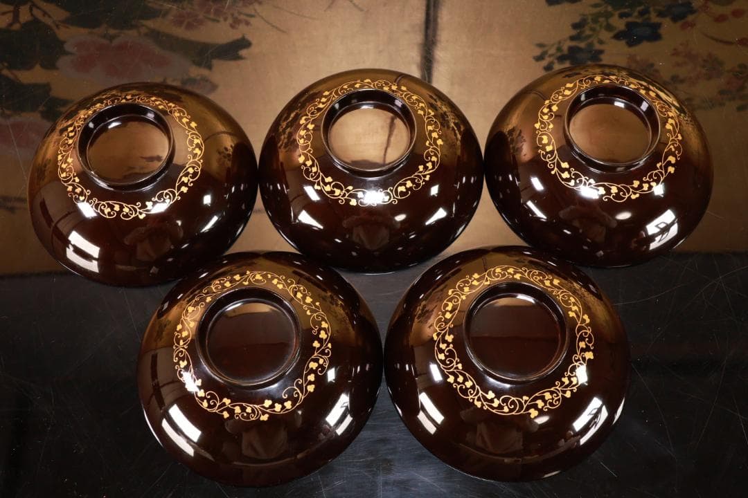 BK425　時代輪島塗　図替り　貝尽くし図金蒔絵　吸物椀　五客　木製 懐石 菓子