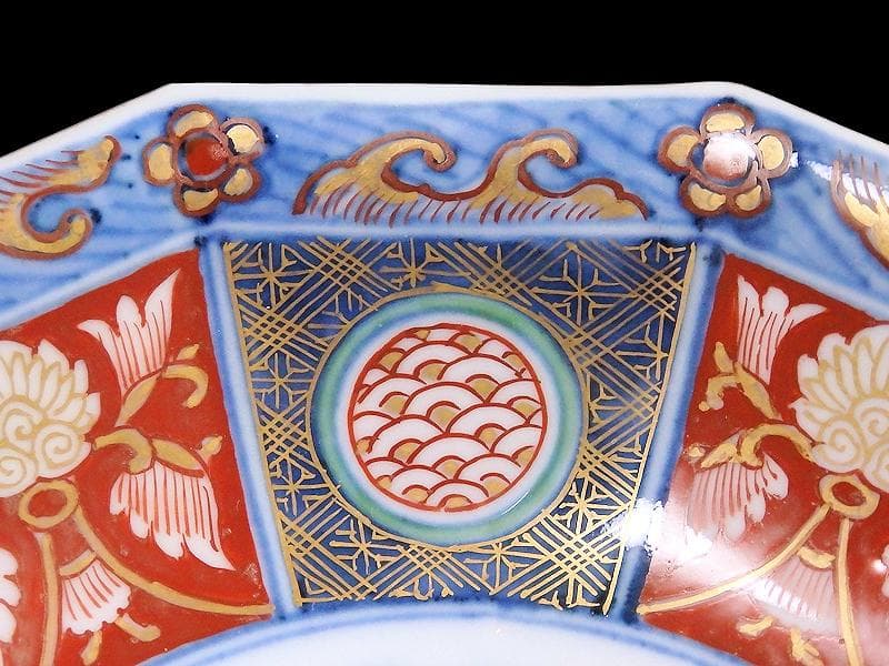 大聖寺伊万里　金襴手　鳳凰に雲　花に青海波の図　八角膾皿　D737AS-fbsv