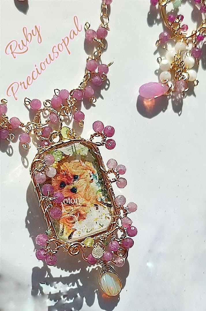 14kgf うちの子　写真ネームオーダー ルビー　プレシャスオパールネックレス