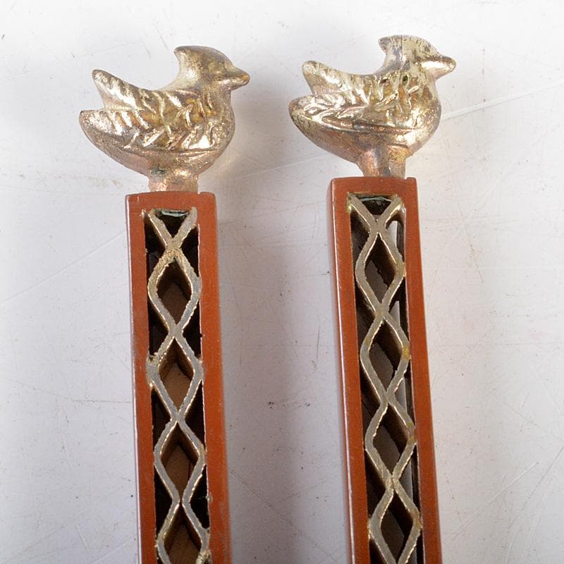 茶道具　梅龍軒作　銅製　鳥頭角透かし　象嵌　火箸　共箱　C　6641