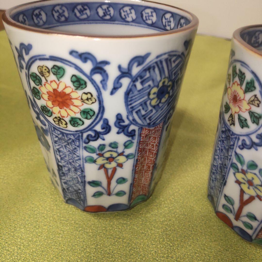 清水焼 京焼 加藤 雲泉 花唐草 湯飲み 夫婦 ペア 染付 色絵 手描き