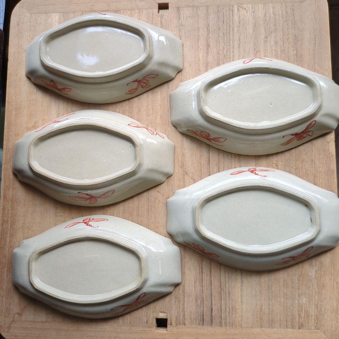 骨董 九谷焼 舟形 図変わり 色絵 花尽くし 向付 器 皿 5枚 変形皿