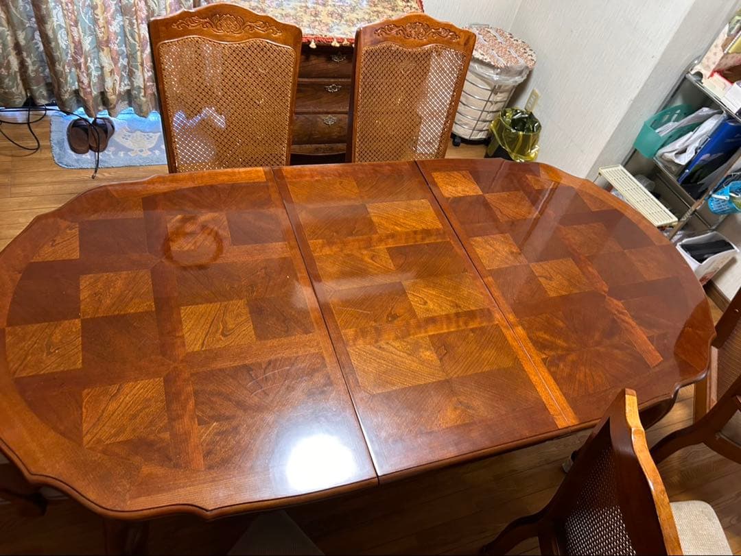 豪華なる楕円形木製⭐︎延長テーブルと椅子6脚セット