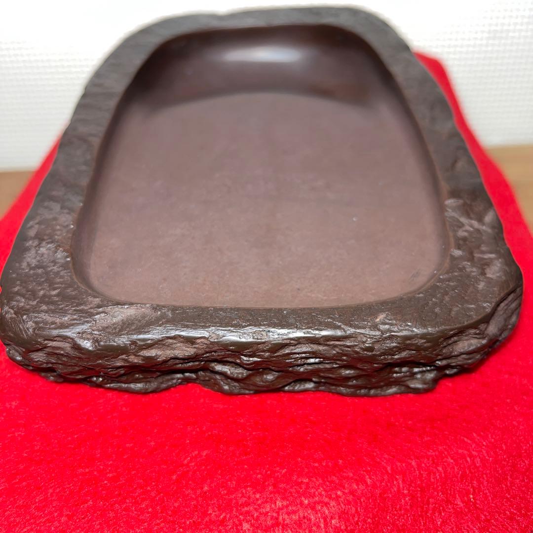 ⭕️赤間硯　野面硯　植野玉泉堂　6寸大　34mmの厚手　墨たっぷり　会津漆塗箱付き