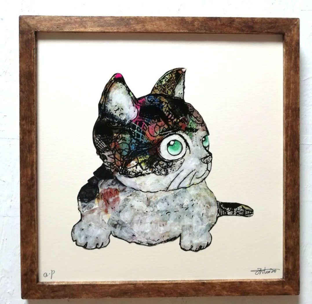 手作り額付き銅版画作品　title「たび猫」「たち猫」「日は登る猫」3枚セット」