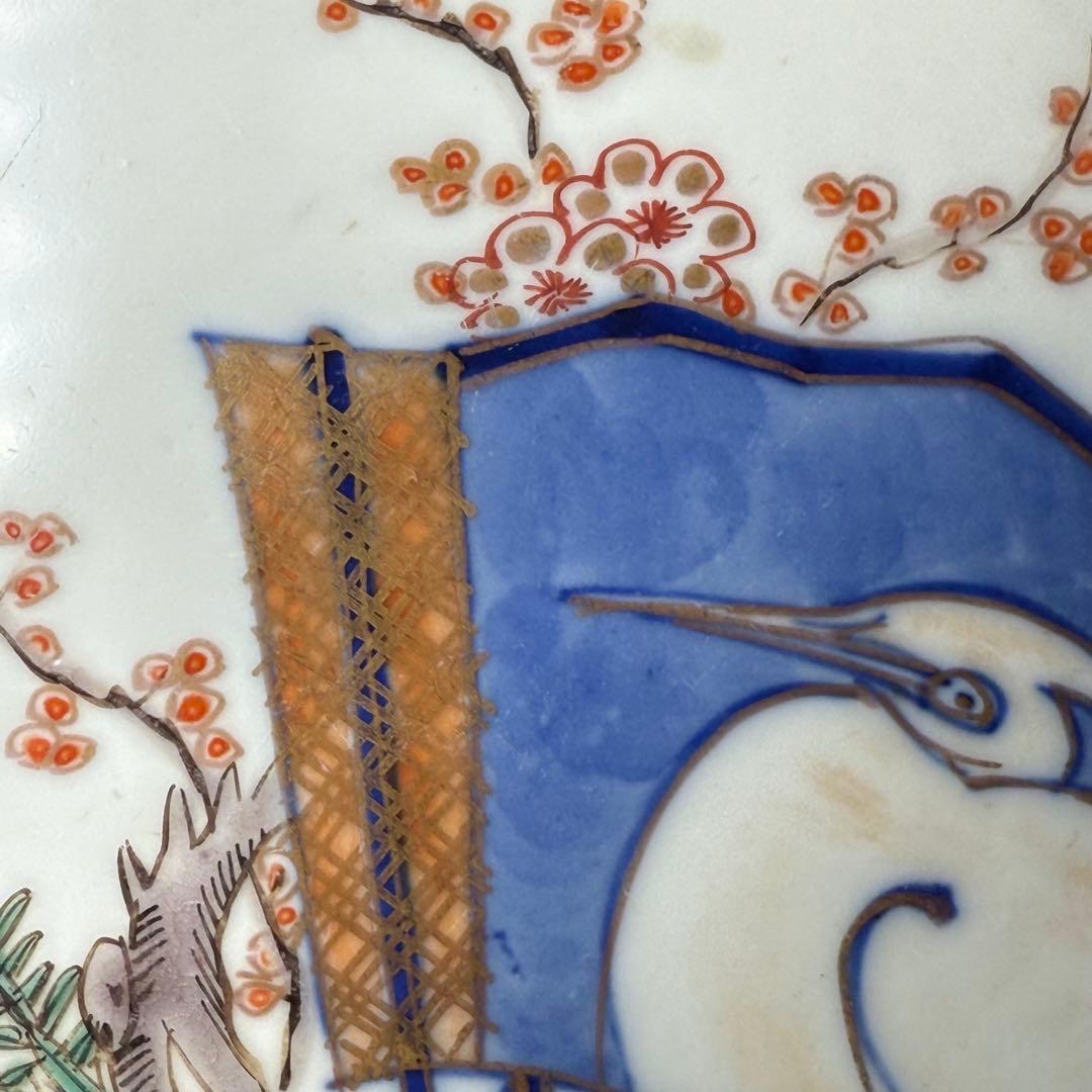 古伊万里　錦手　色絵鷺扇子文様輪花形皿　8枚　1700年代後期　15.5cm