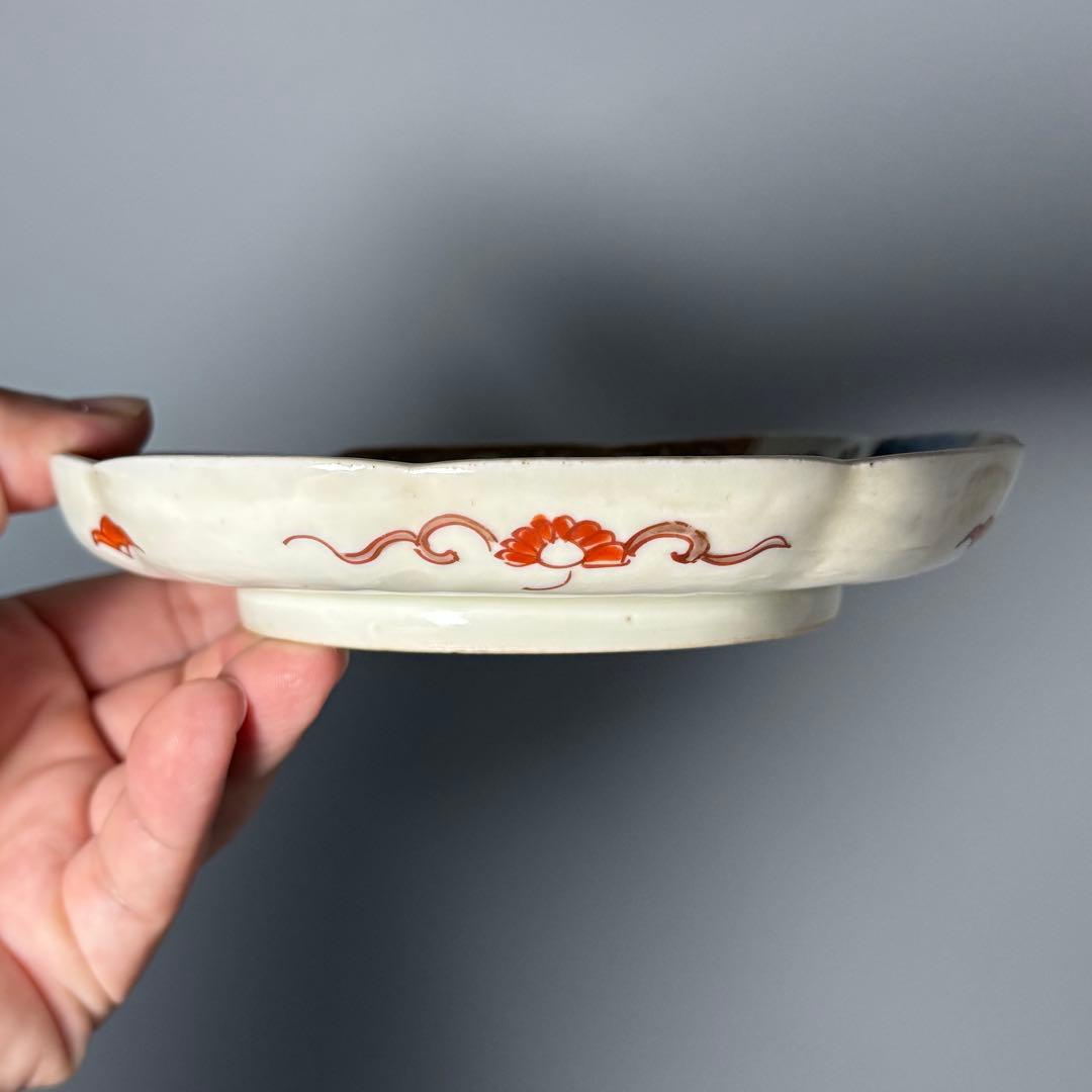 古伊万里　錦手　色絵鷺扇子文様輪花形皿　8枚　1700年代後期　15.5cm