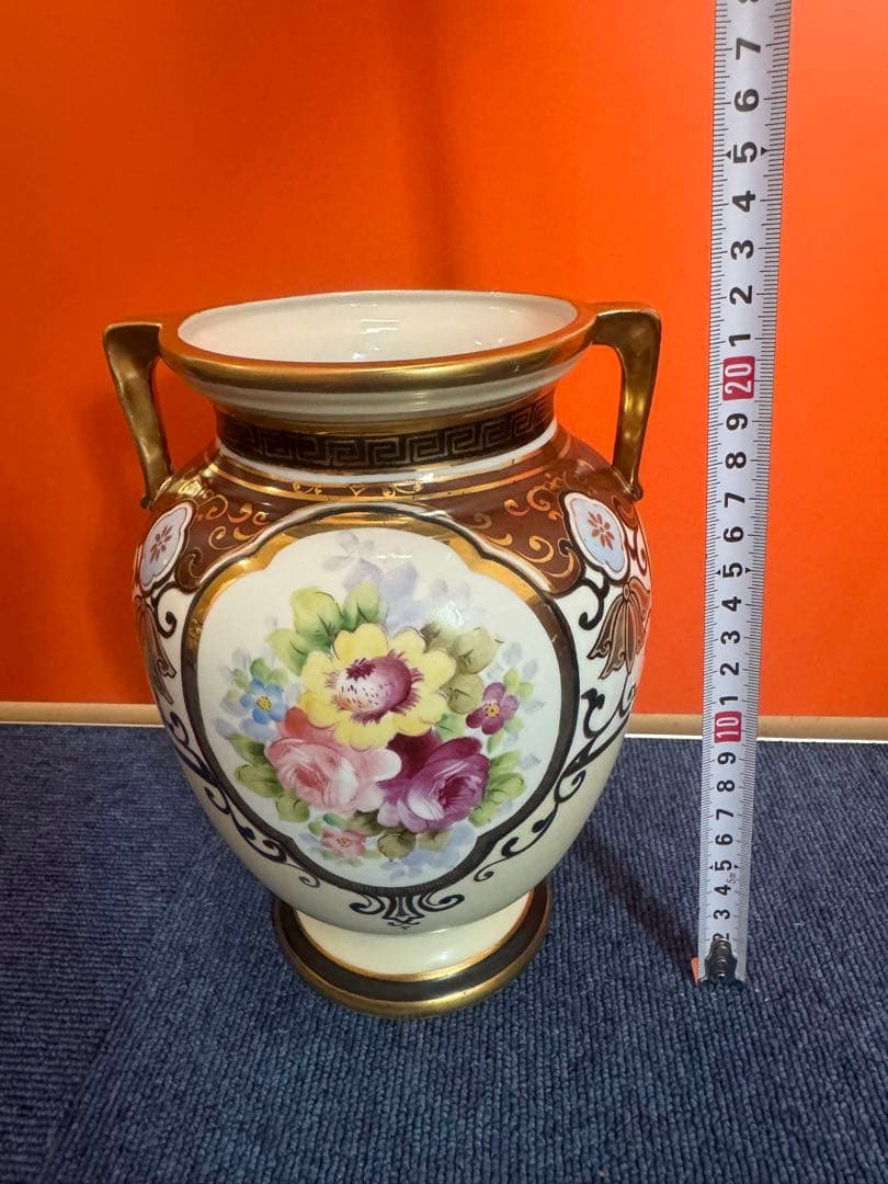 1842 オールドノリタケ　双耳花紋花瓶  時代物