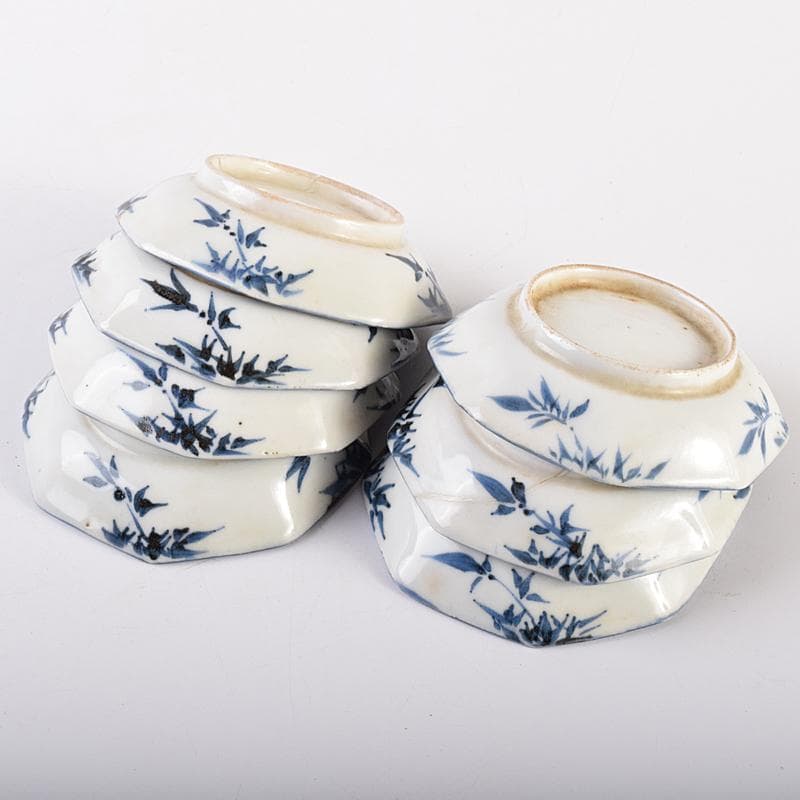 伊万里焼　古伊万里　染付　竹文　八角小皿　七客　時代箱付　C　R7593