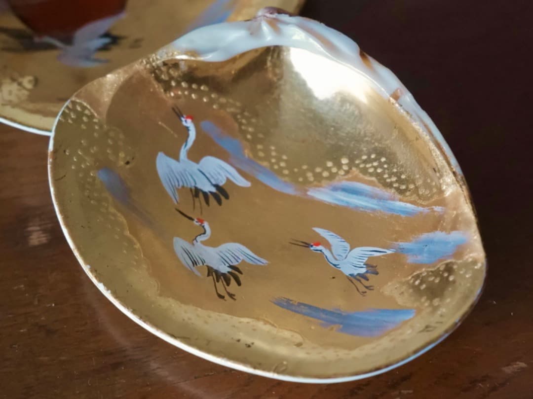 加陽　一瓢斎　源氏貝合せ　鶴色絵　蛤香合　茶道具　香道具　箱付　Q2257