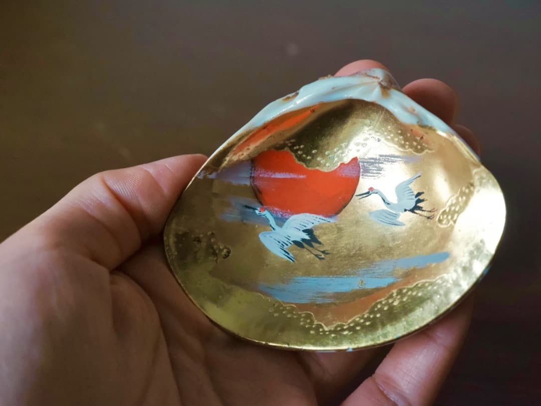 加陽　一瓢斎　源氏貝合せ　鶴色絵　蛤香合　茶道具　香道具　箱付　Q2257