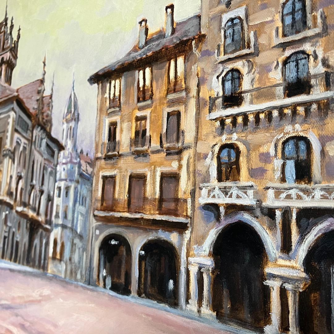 ヨーロッパの街角-F10 油彩 キャンバス 額装　作者不明・希少