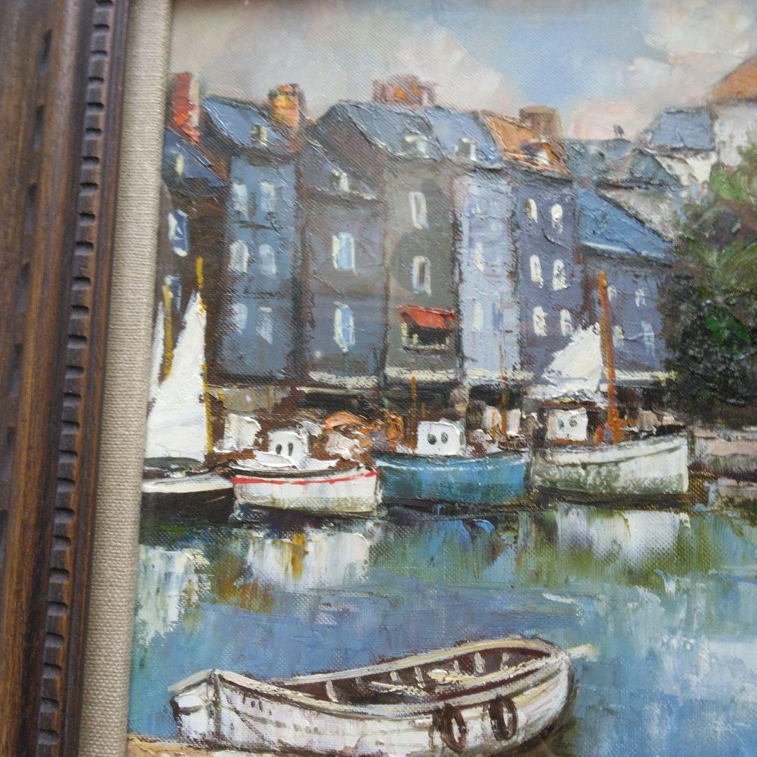 港の風景 油彩画 ダークブラウンフレーム