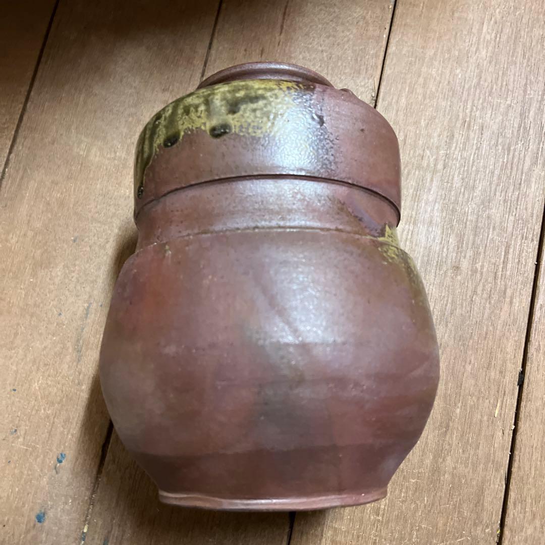陶器の花瓶 茶色と緑の釉薬 丹波