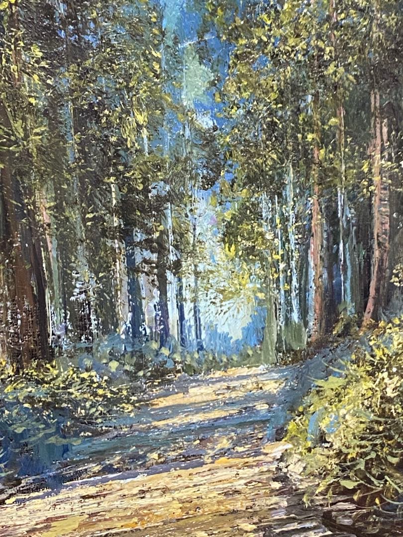 油彩画　【沖津信也】　【道】　日光杉並木　F6号　リアリズム肉筆　油絵　山形県