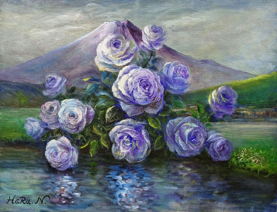 画家 haru 薔薇 と 富士山 真作 原画 一点物 油彩画 F6号 。