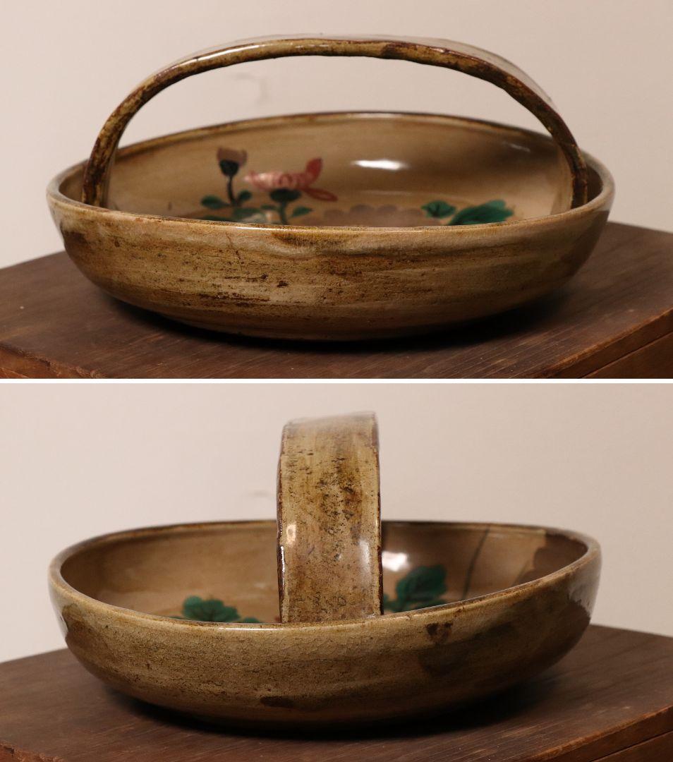 乾山焼 三代乾山 菊図 手付菓子器 木箱 陶芸 草花 鉢 時代【MA480】