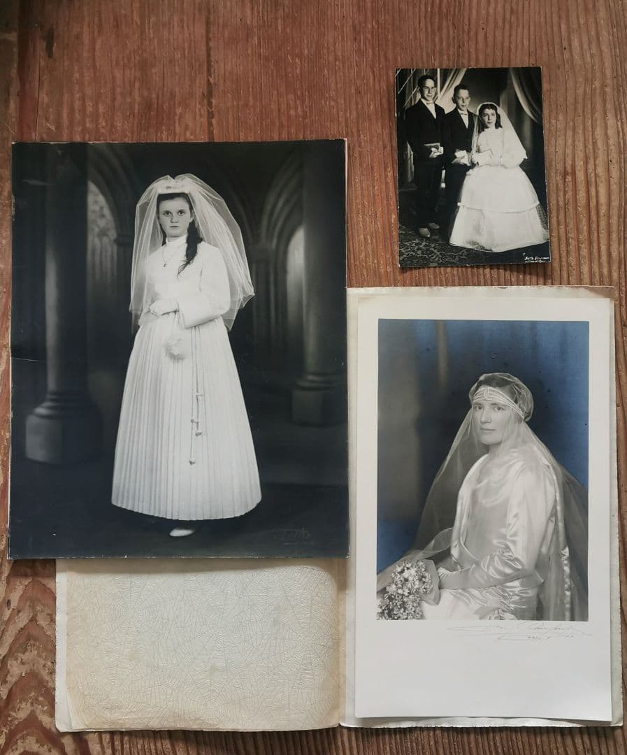 アンティーク写真館撮影 初聖体式 白いドレスの婦人 フォトグラフィ ３点セット