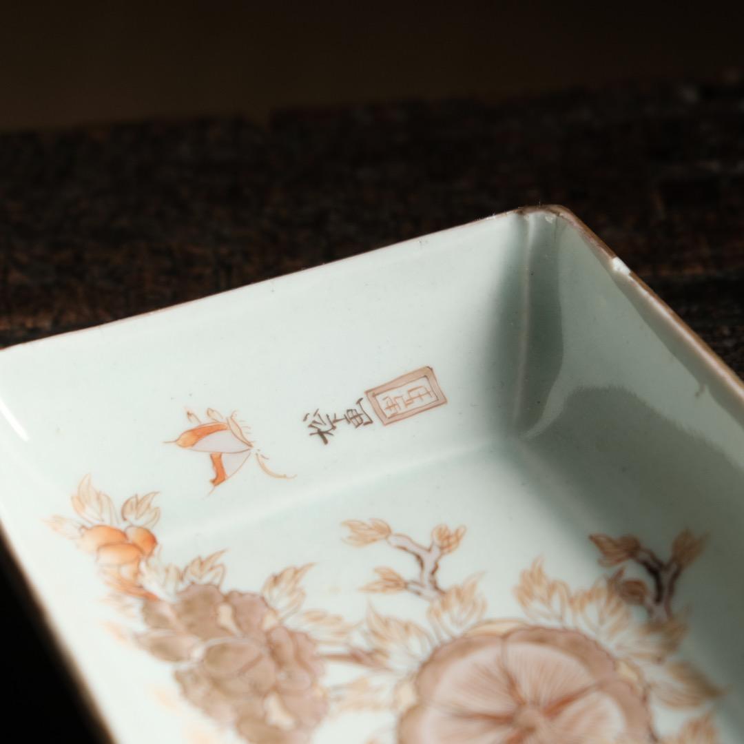 花と蝶々◆伊万里　花蝶文長方皿２客　刺身皿　芍薬　骨董・antiques 明治期