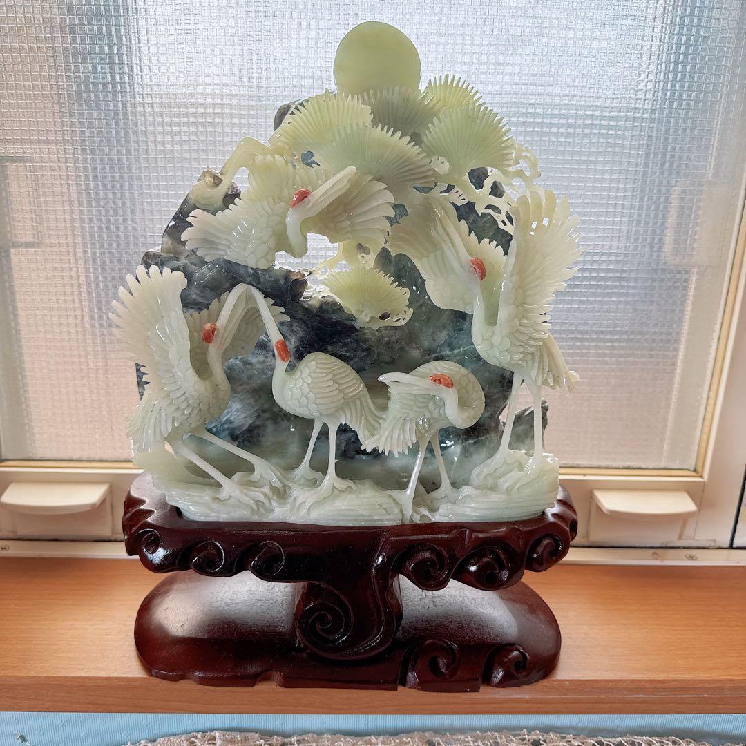 天然石★アフガニスタン玉石★鶴の彫刻★置物★美術品★台座付き