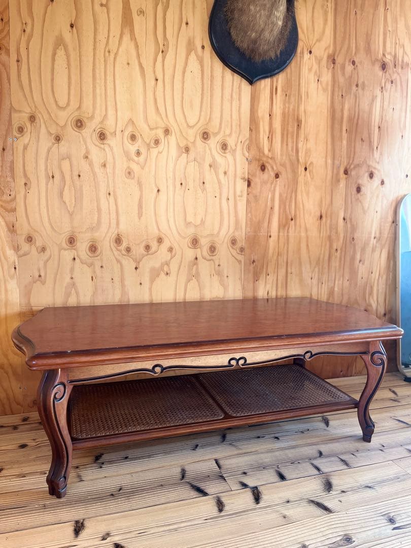 古いローテーブル木製座卓 籐収納棚付きアンティークヴィンテージレトロ