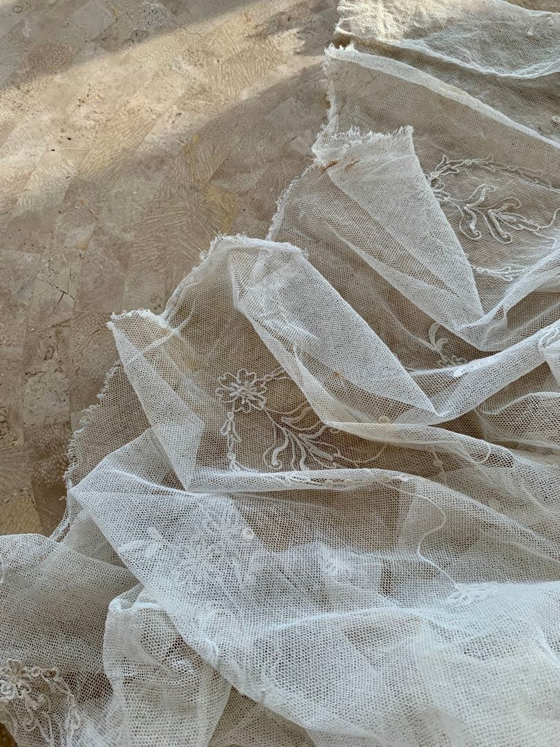 フランスアンティークコーネリー刺繍チュールレースロングカーテン※古色ホワイト