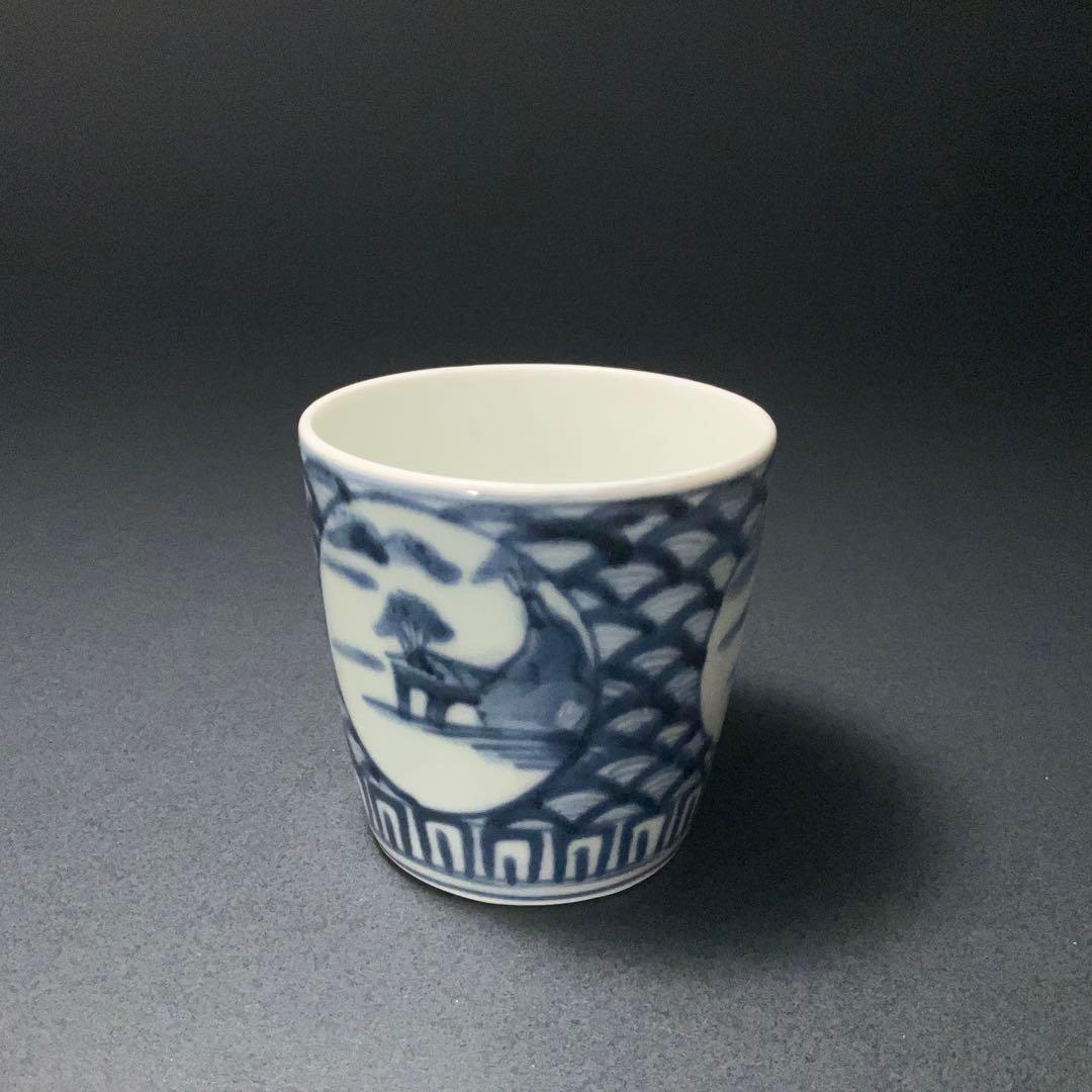 伊万里染付　丸文に青海波図　蕎麦猪口　骨董　古伊万里　R1173w2ダS