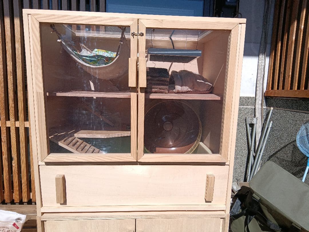 自作のケージ　小動物　ハリネズミ　特大サイズ　フルセット　収納　木製無垢　飼育用