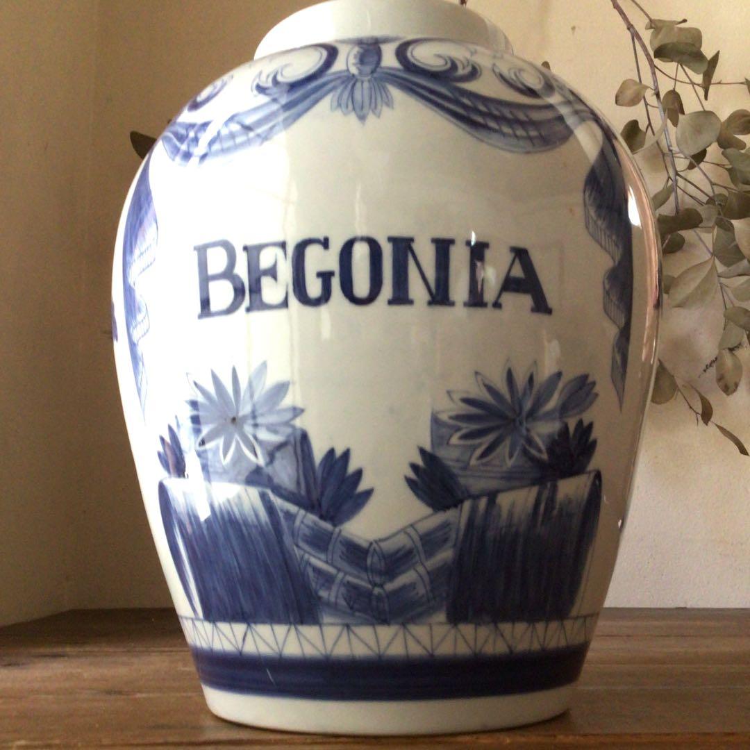 3582 オランダ デルフト陶器　BEGONIA 染付　和蘭　タバコ壷　送料無料