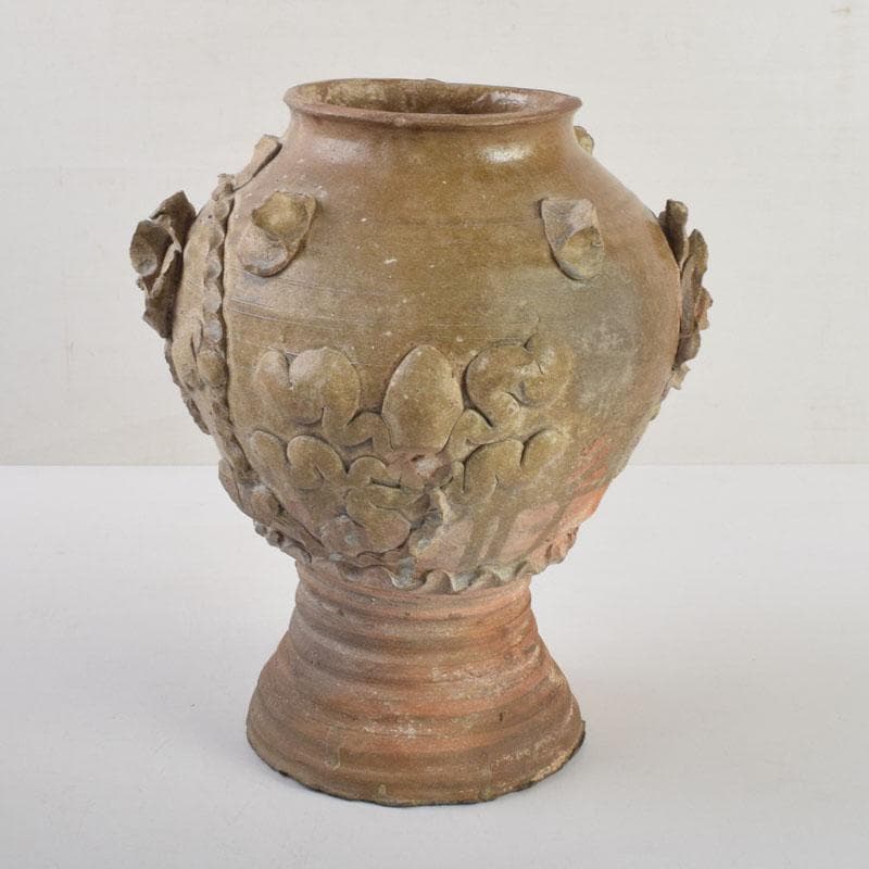 中国　飴釉　花草刻　双耳壷　時代箱　Z　8615A