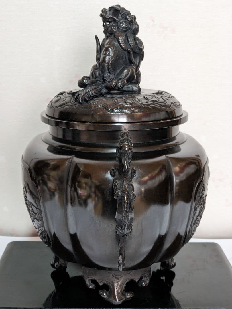 ♦香道具 獅子飾り 山水瓔珞紋様 龍双耳阿古柁形 大香炉 高岡銅器 高さ27cm