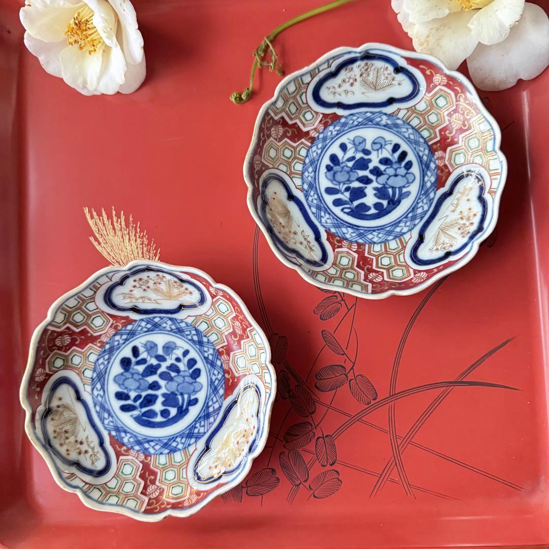 超限定2日20時迄❣旧家蔵出江戸期最上手牡丹と亀甲❌松竹梅大聖寺伊万里小皿5客