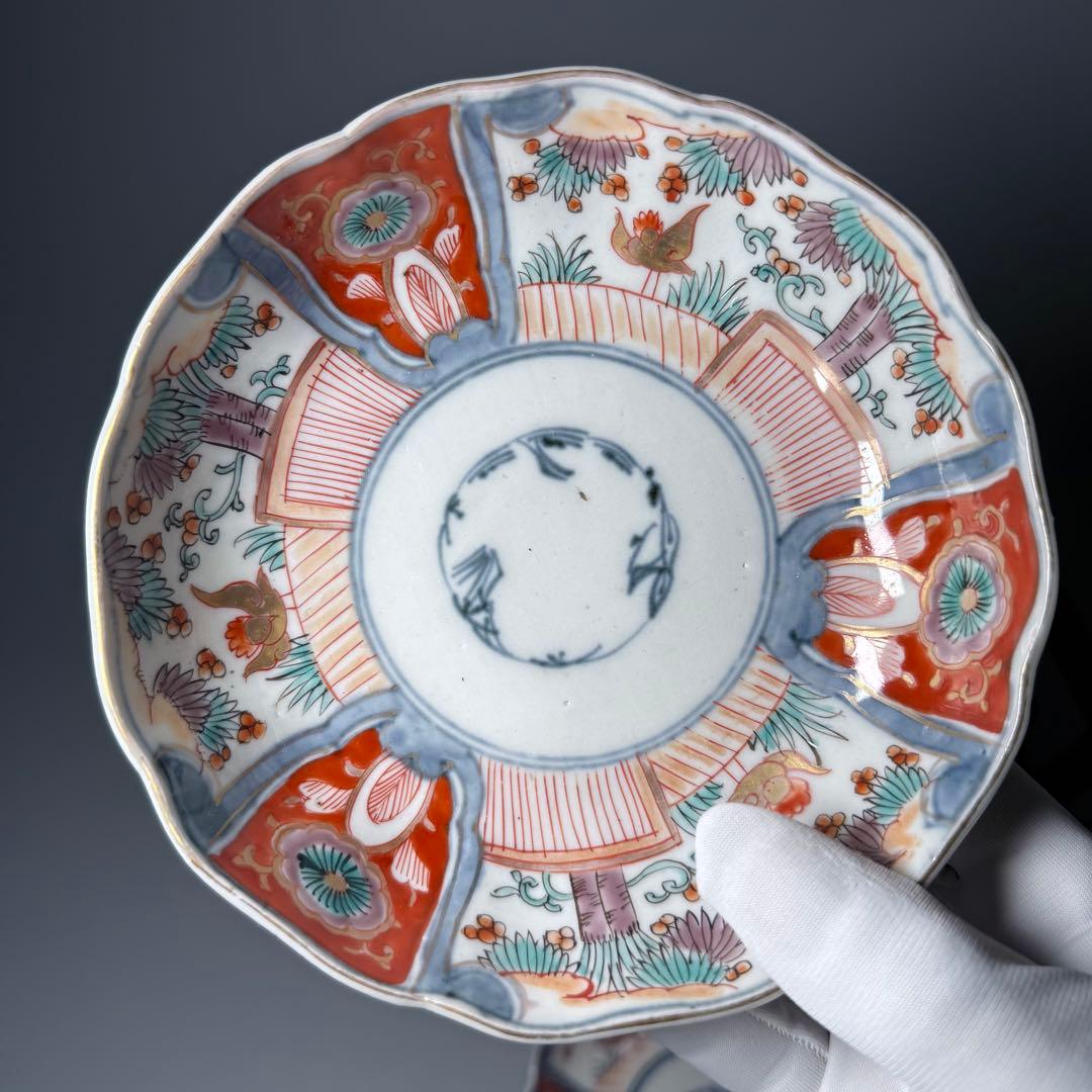 古伊万里　色絵花鳥図輪花形膾皿　松竹梅　裏巻物文様　江戸期　金蘭手　最後の五点