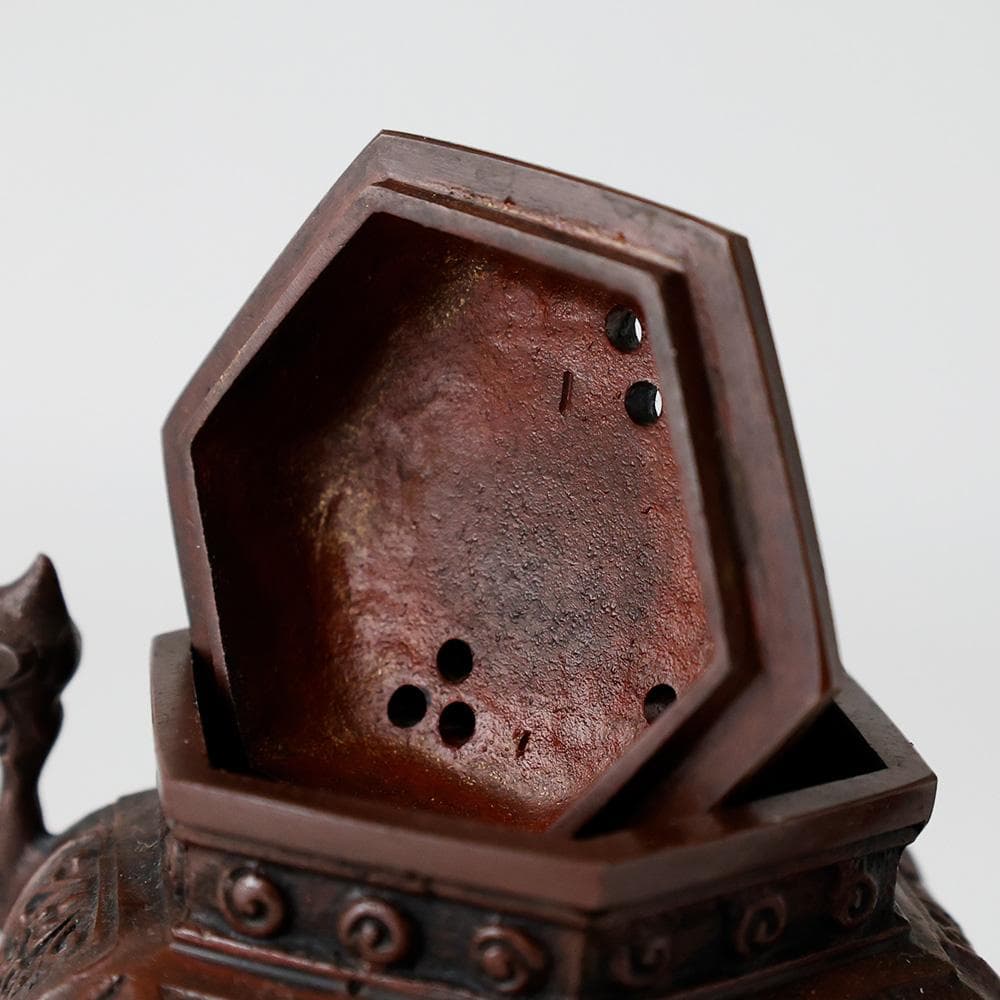 瑞峰堂 栄翠作 御下賜品 六角象耳菖蒲文 銅製香炉 十六菊金象嵌 共箱 黄布 栞