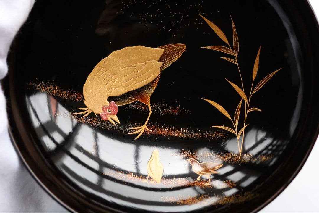 【CM353】時代蒔絵椀 竹に鶏金蒔絵 平椀三客 木製 /(検) 輪島塗加賀能登