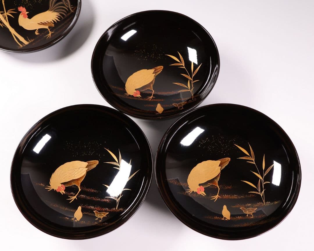 【CM353】時代蒔絵椀 竹に鶏金蒔絵 平椀三客 木製 /(検) 輪島塗加賀能登